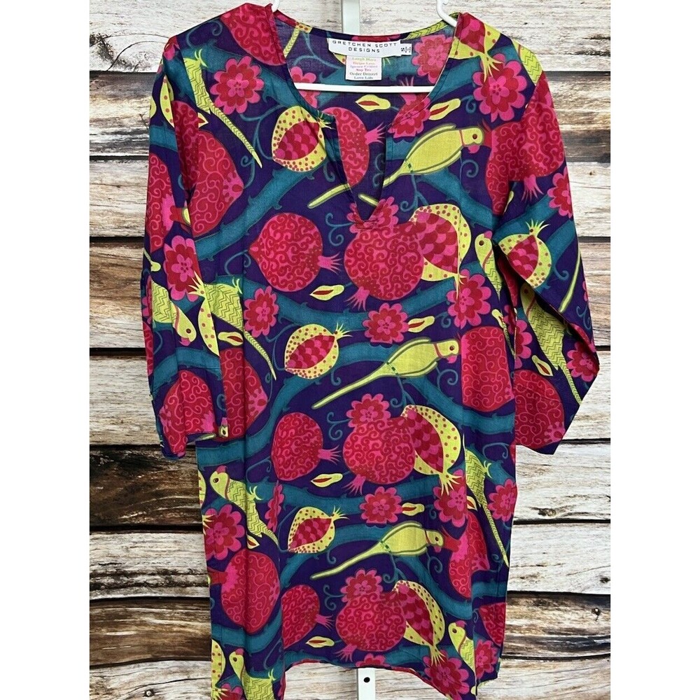 Gretchen Scott Tunic Top Blouse Small Multi Color 3/4 Sleeve Pink Green